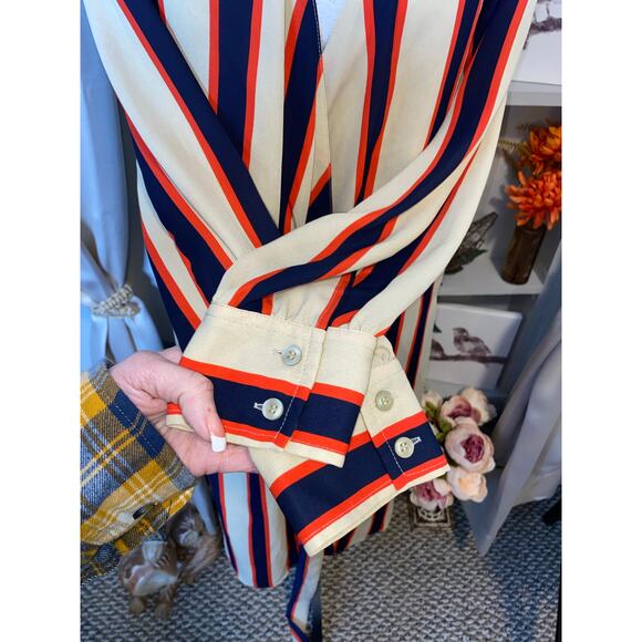 NWT $59.95 NY&C New York & Co Large Long Sleeve Nude Navy Blue Stripe Wrap Dress - Picture 7 of 12